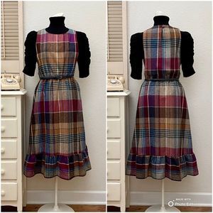 Vintage Plaid Wool Blend Pinafore Style Midi Dress, 1970s, Fall Colors, Size 11